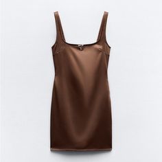 Round Neck Mini Dress With Spaghetti Straps. Floral Appliqu At Chest And Side Vents. Back Hidden In-Seam Zip Closure. Brown Outer Shell 98% Polyester 2% Elastane Which Has At Least: Outer Shell 63% Rcs-Certified Recycled Polyester Brown Satin Dress, Brown Slip Dress, Zara Short Dress, Zara Woman Dress, Brown Satin, Camisole Dress, Color Champagne, Maxi Slip Dress, Brown Silk