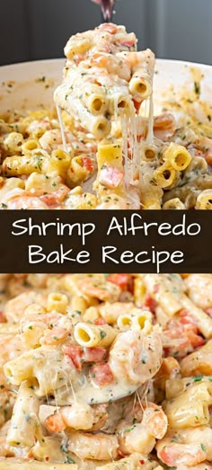 shrimp alfredo bake recipe in a white bowl with pasta and sauce being poured over it