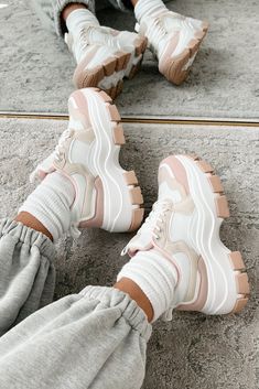 Color: Beige, Pink, White Lace-Up Tie Colorblock Pattern Textured Footbed Chunky/Platform Sole Runs True To Size No Half Sizes - If Between, Size Up Launched: Red Dress Run, Nude Sneakers, Commission Ideas, Chunky Platform Sneakers, Chunky Shoes, Fashion Closet, Chunky Sneakers, Chunky Platform, Chunky Boots