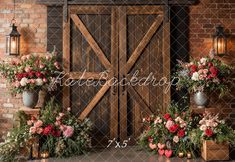 two vases with flowers and greenery are next to an open wooden door that says,