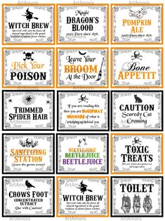 halloween labels with witches and pumpkins on the front, one for each witch's brew