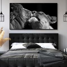 two lions kissing each other in front of a black and white photo on the wall