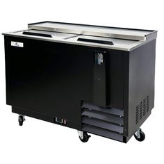 an image of a black cooler with two bins on the front and one door open