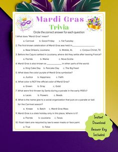 the mardi gras trivia game is shown on a purple and yellow background