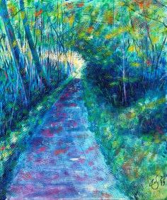 a painting of a path in the woods with trees and bushes on either side, painted using acrylic paint