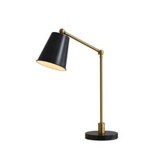 a black and gold desk lamp on a white background, with the light turned off