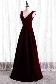 Simple A-line burgundy velvet long party dress with v neck, floor length long and v shaped back. SKU: 1042 Free Shipping Ship in 7-10 days Material: velvet . Fully lined for added comfort. US 2 - US 16. Refer to our size chart to choose correct size. We offer free returns in 7 days. Please refer to our return policy page for more details. Wine Red Bridesmaid Dresses, Dark Red Prom Dress, Simple Formal Dress, Velvet Formal Dress, Velvet Evening Dress, Long Party Dress, Simple Bridesmaid Dresses, Red Bridesmaids, Red Bridesmaid Dresses