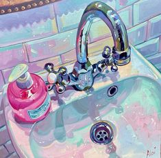 a painting of a sink and faucet with soap on the top, in pastel colors