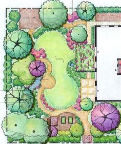 a garden design with lots of trees and plants