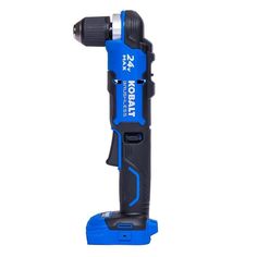 a blue and black cordless drill on a white background