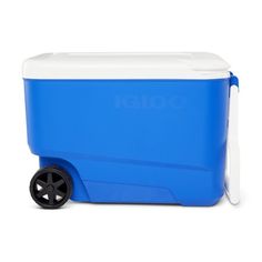 a blue and white cooler with wheels