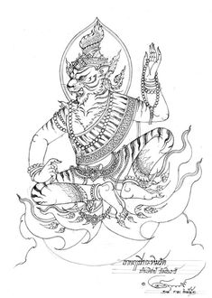 an ink drawing of a demon sitting on top of a tiger in the air with his hands