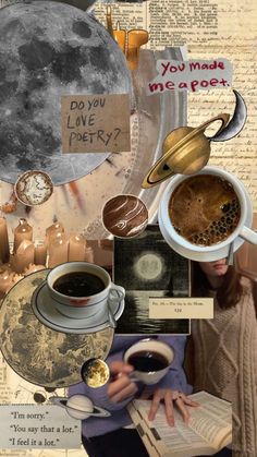 a collage of coffee, books and other items with the moon in the background