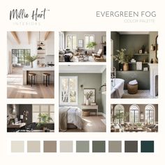 the interior color scheme for a living room and dining room with neutral tones, including green