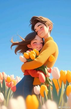 two women hugging each other in the middle of a field of flowers and tulips