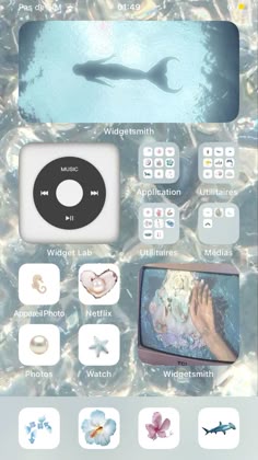 an iphone screen with various icons and symbols on the bottom right hand corner, in front of water