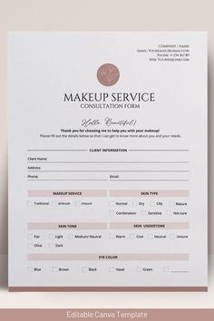 Makeup Artist Client Consultation Form Template Editable - Etsy Makeup Client Consultation Form, Makeup Consultation Form, Makeup Artist Marketing, Mua Kit, Client Consultation, Makeup Consultation