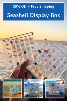 the seashell display box is shown in three different pictures