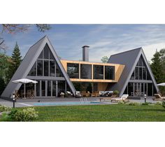 a house with two large triangular shaped windows and a pool in the foreground, surrounded by trees