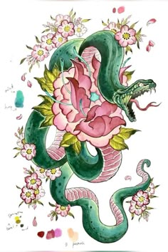 a drawing of a snake with flowers on it