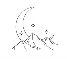 a drawing of the moon and mountains with stars on it's side, in black and white