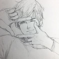 a pencil drawing of a man holding his hand up to his face with both hands