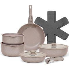 an assortment of pots and pans are shown on a white background, including one for the oven