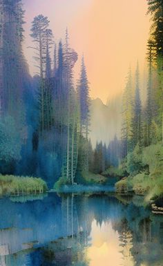 a painting of trees and water in the woods