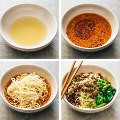 four pictures show different bowls of food with chopsticks