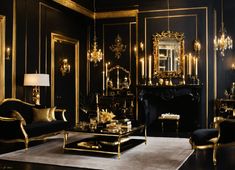 a living room with black walls and gold trimmings, chandeliers and chairs