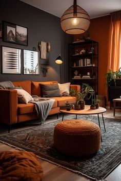 a living room with an orange couch and coffee table