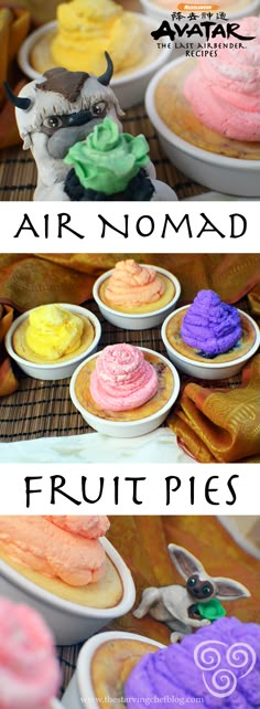 there are several different types of cakes on the table with text overlay that says air nomad fruit pies