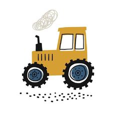 a drawing of a yellow tractor with wheels on it's side and some black dots around the rim