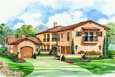 this is an artist's rendering of the front elevation of these luxury home plans