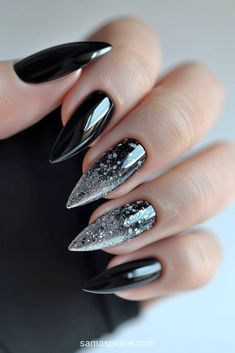 Silver And Black New Years Nails, Black Waterfall Nails, White And Black Wedding Nails, New Year’s Nails Glitter, Dark Nails With Design, How To Train Your Dragon Nails, Black Nails With Diamonds Rhinestones, Black And Silver Gel Nails, Viking Nails Designs