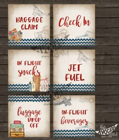 four luggage tags with the words baggage claim, check in, jet fuel and baggage