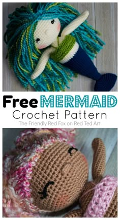 crocheted mermaid doll with text overlay that says free mermaid crochet pattern