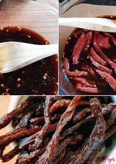 four pictures show how to cook beef strips in the oven and then stir them into sauce