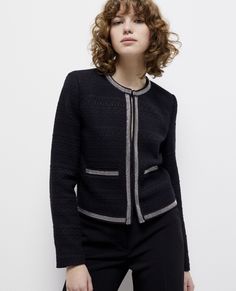 Short black jacket | The Kooples - US Short Black Jacket, Knitted Jackets Women, Knit Blazer, The Kooples, Modern Outfits, Women's Coats & Jackets, Short Jacket, Knit Jacket, Black Blazers