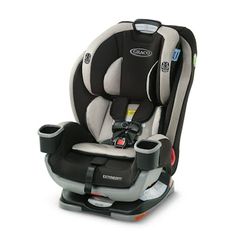 the child's car seat is black and white with grey trimmings on it