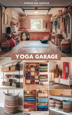 A vintage-style yoga garage with organized yoga gear and equipment. Vintage Yoga, Garage Organisation, Yoga Space, Studio Equipment