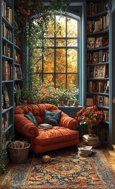 a living room filled with lots of furniture and bookshelves next to a window