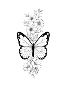 a black and white drawing of a butterfly with flowers on it's back side