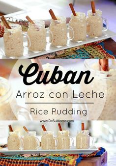 an assortment of rice puddings on a table with the words, equan arroz con leche rice pudding