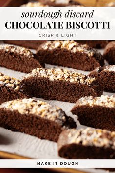 chocolate biscuits on a baking sheet with text overlay that reads, sourdough discard chocolate biscottt crisp and light make it dough