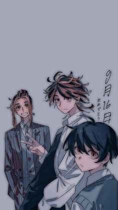 three anime characters standing next to each other