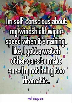 the words i'm self conscious about my windshielded wiper speed when it's raining like, i got a watch other car to make sure i'm not being too dramatic