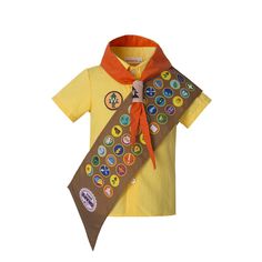 a child's yellow shirt with buttons on the collar and tie around the neck