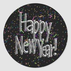 a happy new year sticker with confetti