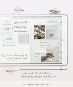 an ipad screen with some notes and pictures on the screen, along with a pen